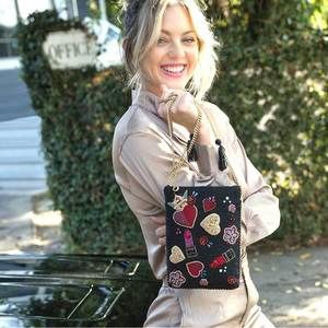 Mary Frances Make Me Up Love Beaded Mini Bag Zipper Handbag Black Red Purse NEW